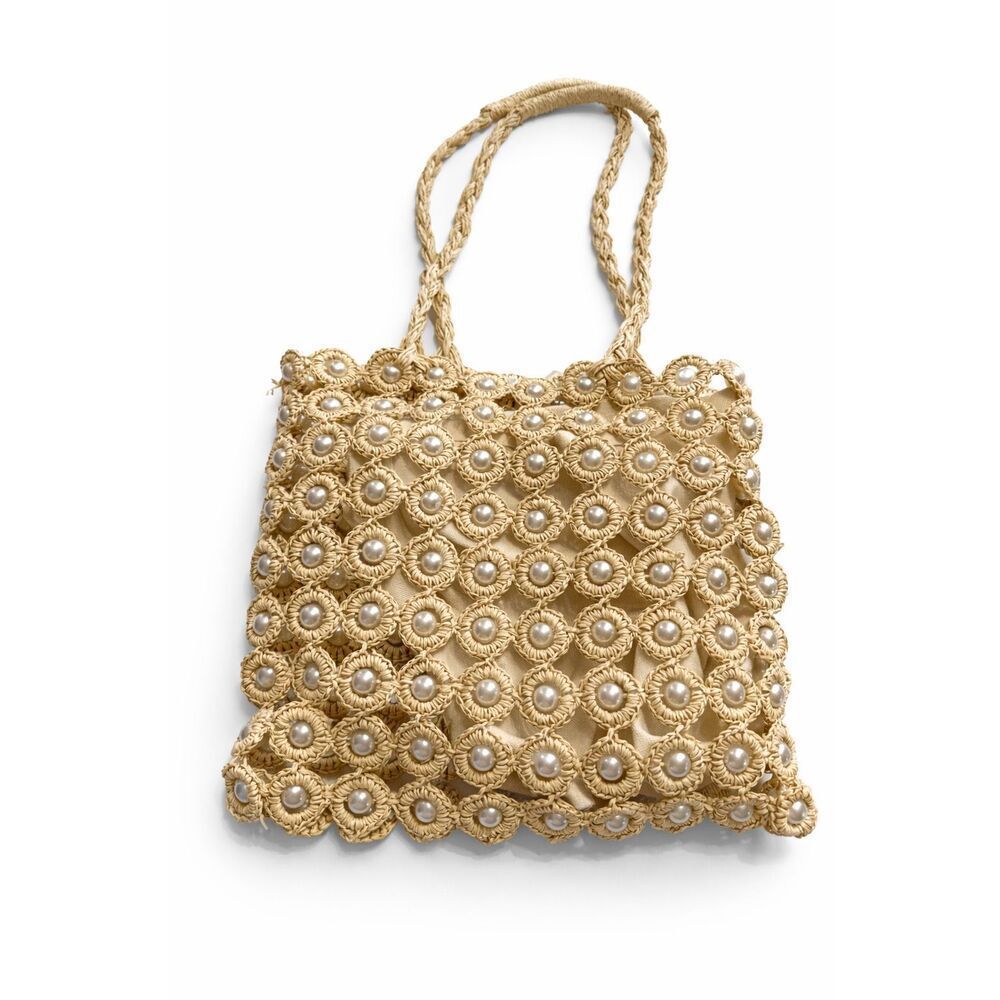 Haute Hippie Beaded Tote Straw Bag Neutral With Pearl Accents Handbag
